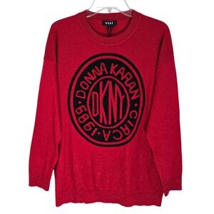 DKNY Women Red Knit Sweater Pullover Long Sleeve Logo Casual Size‎ L